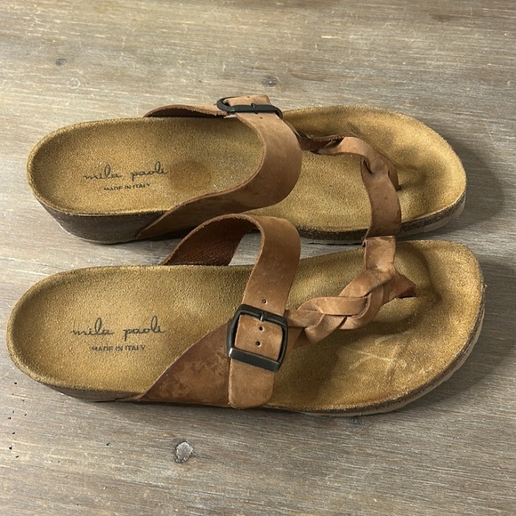 Mila Paoli Italy Leather Braided Strap Cork Wedge Sandals Shoes Tan Size 9 - Picture 3 of 16